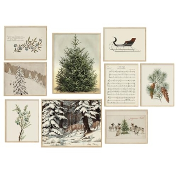 Whaline Christmas Wall Art Prints Vintage Watercolor Pine Tree Posters Retro Woodland Scene for Wint...