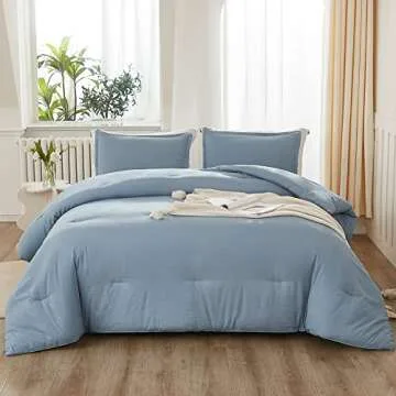 Litanika Full Size Comforter Sets Grayish Blue, 3 Pieces Lightweight Solid Bedding Comforter Set, All Season Fluffy Bed Set (79x90In Comforter & 2 Pillowcases)