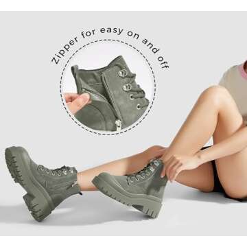 LUCKY STEP Women's Platform Ankle Boots Zipper Fashion Combat Thick Lug Sole Durable Chunky Wedge Booties Shoes(Khaki,8)
