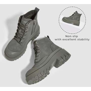 LUCKY STEP Women's Platform Ankle Boots Zipper Fashion Combat Thick Lug Sole Durable Chunky Wedge Booties Shoes(Khaki,8)