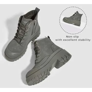 LUCKY STEP Women's Platform Ankle Boots Zipper Fashion Combat Thick Lug Sole Durable Chunky Wedge Booties Shoes(Khaki,8)