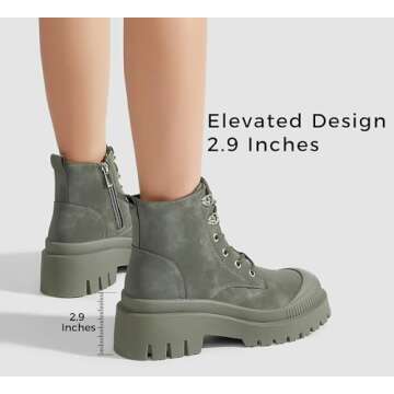 LUCKY STEP Women's Platform Ankle Boots Zipper Fashion Combat Thick Lug Sole Durable Chunky Wedge Booties Shoes(Khaki,8)