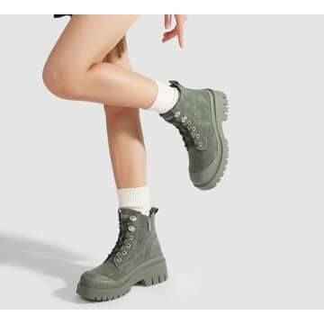 LUCKY STEP Women's Platform Ankle Boots Zipper Fashion Combat Thick Lug Sole Durable Chunky Wedge Booties Shoes(Khaki,8)