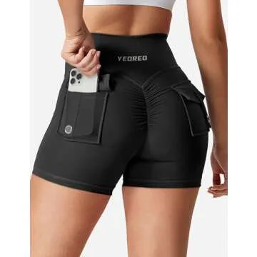 YEOREO Scrunch Workout Shorts with Pockets Charm Gym Biker Shorts for Women High Waisted Yoga Booty Shorts Black L