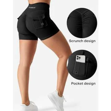 YEOREO Scrunch Workout Shorts with Pockets Charm Gym Biker Shorts for Women High Waisted Yoga Booty Shorts Black L