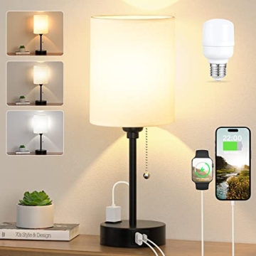 Small Bedside Table Lamp with USB Ports and 3 Color Options