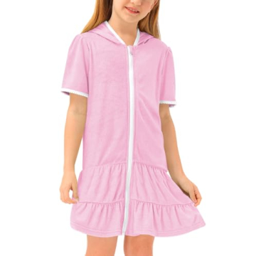 BesserBay Kids Ruffle Hem Full Zip Solid Pink Swim Cover Up Short Sleeve Terry Beach Hooded Cover Up...