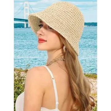Rulala Fancy Womens Sun Hat Handmade Straw Bucket UV Protection Wide Brim Packable Travel Summer Cap for Beach UPF 50+(Beige)
