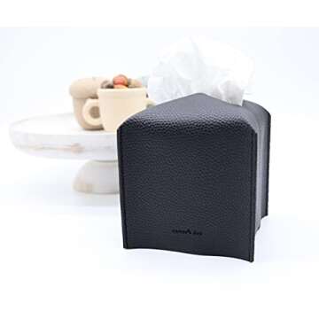 Tissue Box Cover Holder, Square with Bottom Belt by Carrot's Den - PU Leather Decorative Organizer for Tabletop, Bathroom, Car, Office | Black