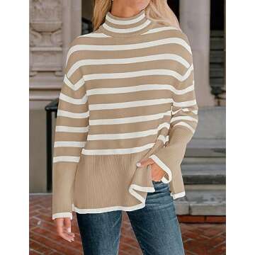 ZESICA Women's Winter Sweaters Casual Turtleneck Long Sleeve Striped Side Slit Loose Pullover Sweate...