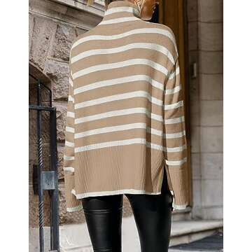 ZESICA Women's Winter Sweaters Casual Turtleneck Long Sleeve Striped Side Slit Loose Pullover Sweater Jumper Tops,Khaki,Small