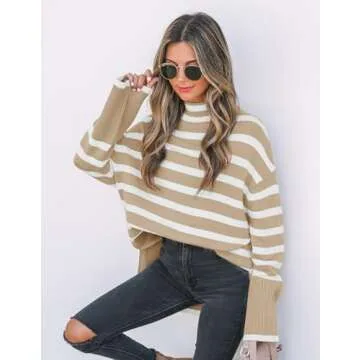 ZESICA Women's Winter Sweaters Casual Turtleneck Long Sleeve Striped Side Slit Loose Pullover Sweater Jumper Tops,Khaki,Small
