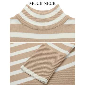 ZESICA Women's Winter Sweaters Casual Turtleneck Long Sleeve Striped Side Slit Loose Pullover Sweater Jumper Tops,Khaki,Small