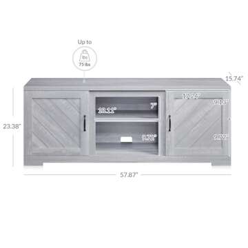 BELLEZE Modern 58 Inch Farmhouse TV Stand & Media Entertainment Center Console Table for TVs up to 65 Inch with Two Shelves and Storage Cabinets - Hilo (Stone Gray)