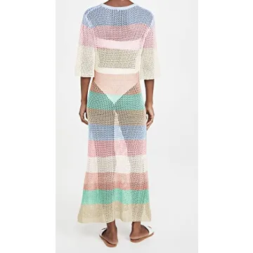 LANNEW Women's Crochet Cover Ups for Bikini Swimsuit Half Sleeve Bathing Suit Rainbow Swimwear Long Beach Dresses