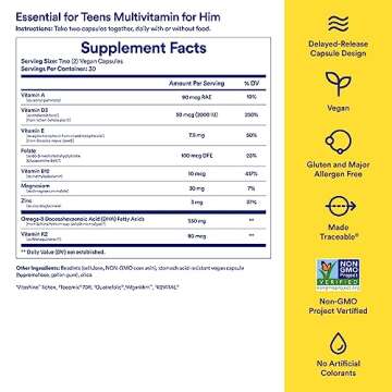 Ritual Teen Vitamins for Boys - Zinc, Vitamin A and D3 for Immune Function Support*, Omega-3 DHA & B12 for Brain Health, Non-GMO, Mint Essenced, 30 Day Supply, 60 Vegan Capsules