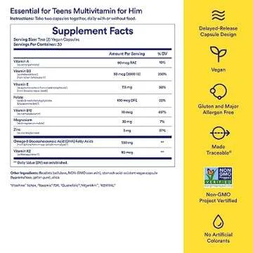 Ritual Teen Vitamins for Boys - Zinc, Vitamin A and D3 for Immune Function Support*, Omega-3 DHA & B12 for Brain Health, Non-GMO, Mint Essenced, 30 Day Supply, 60 Vegan Capsules