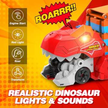 TERRAMUS Dinosaur Transport Truck Car Toy for Kids - 3 in 1 Ejection Folding Track Toys w/Sound, Por...