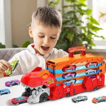 TERRAMUS Dinosaur Transport Truck Car Toy for Kids - 3 in 1 Ejection Folding Track Toys w/Sound, Portable Truck with 8 Race Cars, Best Gift Carrier Vehicles Toys Set for Boys Girls 3 4 5 6 Years Old