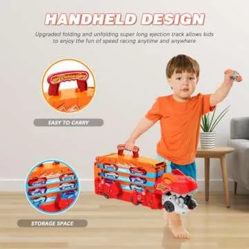 TERRAMUS Dinosaur Transport Truck Car Toy for Kids - 3 in 1 Ejection Folding Track Toys w/Sound, Portable Truck with 8 Race Cars, Best Gift Carrier Vehicles Toys Set for Boys Girls 3 4 5 6 Years Old