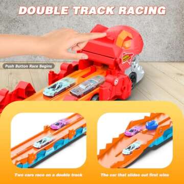 TERRAMUS Dinosaur Transport Truck Car Toy for Kids - 3 in 1 Ejection Folding Track Toys w/Sound, Portable Truck with 8 Race Cars, Best Gift Carrier Vehicles Toys Set for Boys Girls 3 4 5 6 Years Old
