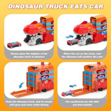 TERRAMUS Dinosaur Transport Truck Car Toy for Kids - 3 in 1 Ejection Folding Track Toys w/Sound, Portable Truck with 8 Race Cars, Best Gift Carrier Vehicles Toys Set for Boys Girls 3 4 5 6 Years Old