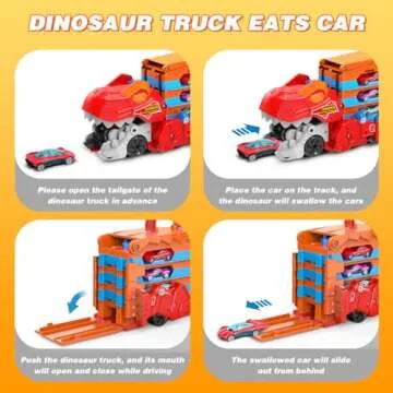 TERRAMUS Dinosaur Transport Truck Car Toy for Kids - 3 in 1 Ejection Folding Track Toys w/Sound, Portable Truck with 8 Race Cars, Best Gift Carrier Vehicles Toys Set for Boys Girls 3 4 5 6 Years Old