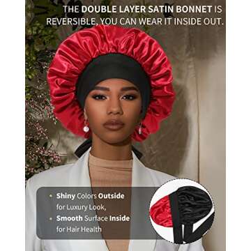 Satin Bonnet for Women Silk Bonnets for Sleeping Curly Hair Bonnet with Elastic Tie Band Reversible ...