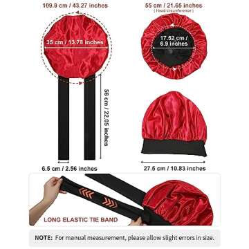 Satin Bonnet for Women Silk Bonnets for Sleeping Curly Hair Bonnet with Elastic Tie Band Reversible Double Layer Sleep Cap Hair Wrap (Black + Red)