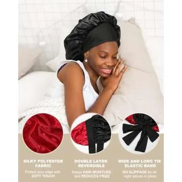 Satin Bonnet for Women Silk Bonnets for Sleeping Curly Hair Bonnet with Elastic Tie Band Reversible Double Layer Sleep Cap Hair Wrap (Black + Red)