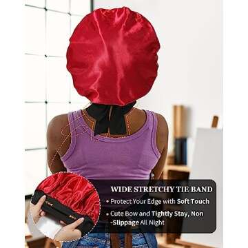 Satin Bonnet for Women Silk Bonnets for Sleeping Curly Hair Bonnet with Elastic Tie Band Reversible Double Layer Sleep Cap Hair Wrap (Black + Red)