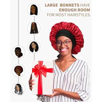 Satin Bonnet for Women Silk Bonnets for Sleeping Curly Hair Bonnet with Elastic Tie Band Reversible Double Layer Sleep Cap Hair Wrap (Black + Red)