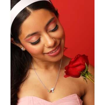 PEANUTS Womens Snoopy and Woodstock Red Crystal Heart Necklace 18" - Silver Plated Snoopy Necklace -...