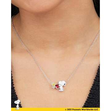 PEANUTS Womens Snoopy and Woodstock Red Crystal Heart Necklace 18" - Silver Plated Snoopy Necklace - Official License