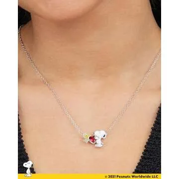 PEANUTS Womens Snoopy and Woodstock Red Crystal Heart Necklace 18" - Silver Plated Snoopy Necklace - Official License