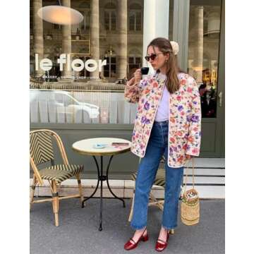 BQDCQB Womens Quilted Puffer Jacket Lightweight Cropped Floral Print Winter Coat Padded Cardigan Tre...