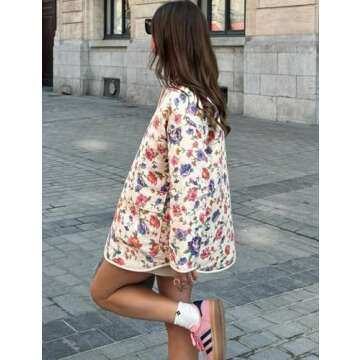 BQDCQB Womens Quilted Puffer Jacket Lightweight Cropped Floral Print Winter Coat Padded Cardigan Trendy Puffy Jackets(01White-L)