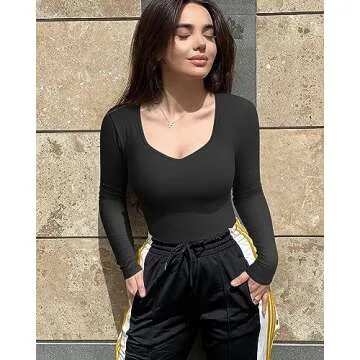 OQQ Women's 2 Piece Sexy Ribbed One Long Sleeve Sweetheart V Neck Top BodySuit, Black,beige, Large