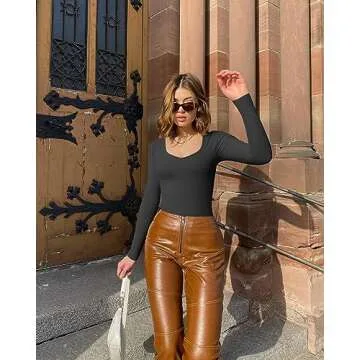 OQQ Women's 2 Piece Sexy Ribbed One Long Sleeve Sweetheart V Neck Top BodySuit, Black,beige, Large