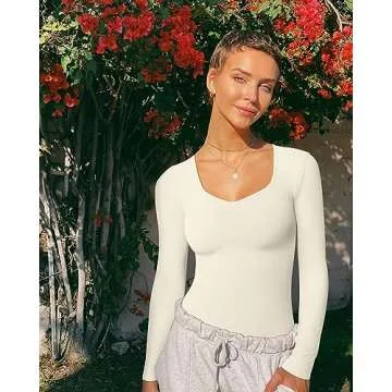 OQQ Women's 2 Piece Sexy Ribbed One Long Sleeve Sweetheart V Neck Top BodySuit, Black,beige, Large