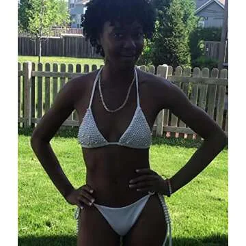 Olaimisord Women's Two Piece Pearls Sparkly Swimsuit Halter Swimwear String Triangle Bikini Sets M White