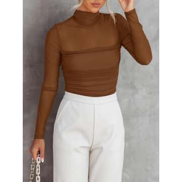 REORIA Women’s Fall Fashion Sexy Long Sleeve Mock Turtle Neck Sheer Mesh Slim Fit Ruched Night Out Leotard Bodysuits Tops Brown X-Large