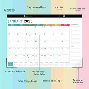 2025 Desk Calendar - Desk Calendar 2025, January 2025 - December 2025, 12 Monthly Desk Pad/Wall Calendar 2025, 2-in-1 Desktop Calendar, 17" x 12", Thick Paper, Corner Protectors