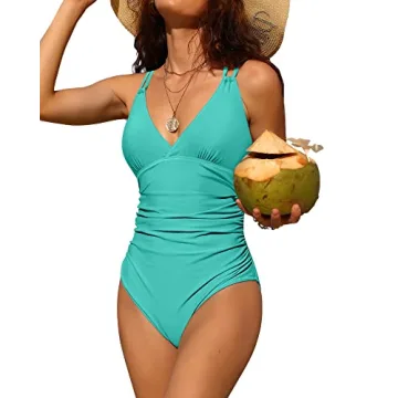 Charmo Tummy Control One Piece Swimsuits for Women Ruched Bathing Suit Cute Padded Strappy Monokini ...