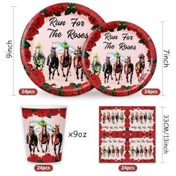 Whaline 96Pcs Kentucky Derby Party Tableware Set with Paper Plates Napkins Cups Run for The Roses Di...
