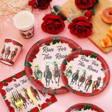 Whaline 96Pcs Kentucky Derby Party Tableware Set with Paper Plates Napkins Cups Run for The Roses Disposable Dinnerware Set for Horse Race Party Table Decor