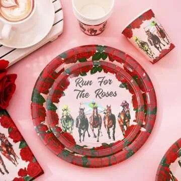 Whaline 96Pcs Kentucky Derby Party Tableware Set with Paper Plates Napkins Cups Run for The Roses Disposable Dinnerware Set for Horse Race Party Table Decor