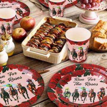 Whaline 96Pcs Kentucky Derby Party Tableware Set with Paper Plates Napkins Cups Run for The Roses Disposable Dinnerware Set for Horse Race Party Table Decor