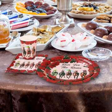 Whaline 96Pcs Kentucky Derby Party Tableware Set with Paper Plates Napkins Cups Run for The Roses Disposable Dinnerware Set for Horse Race Party Table Decor