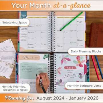 Christian Art Gifts Inspirational 18 Month Wirebound 2025 Planner for Women: Strength and Dignity - Encouraging Bible Verse Personal Week Organizer w/Elastic Closure Aug 2024-Jan 2026, Blue Floral